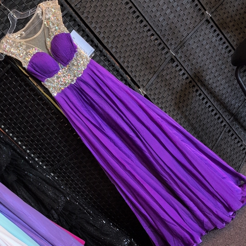 Rachel Allan Purple Chiffon Prom Dress with Gold Beaded Bodice